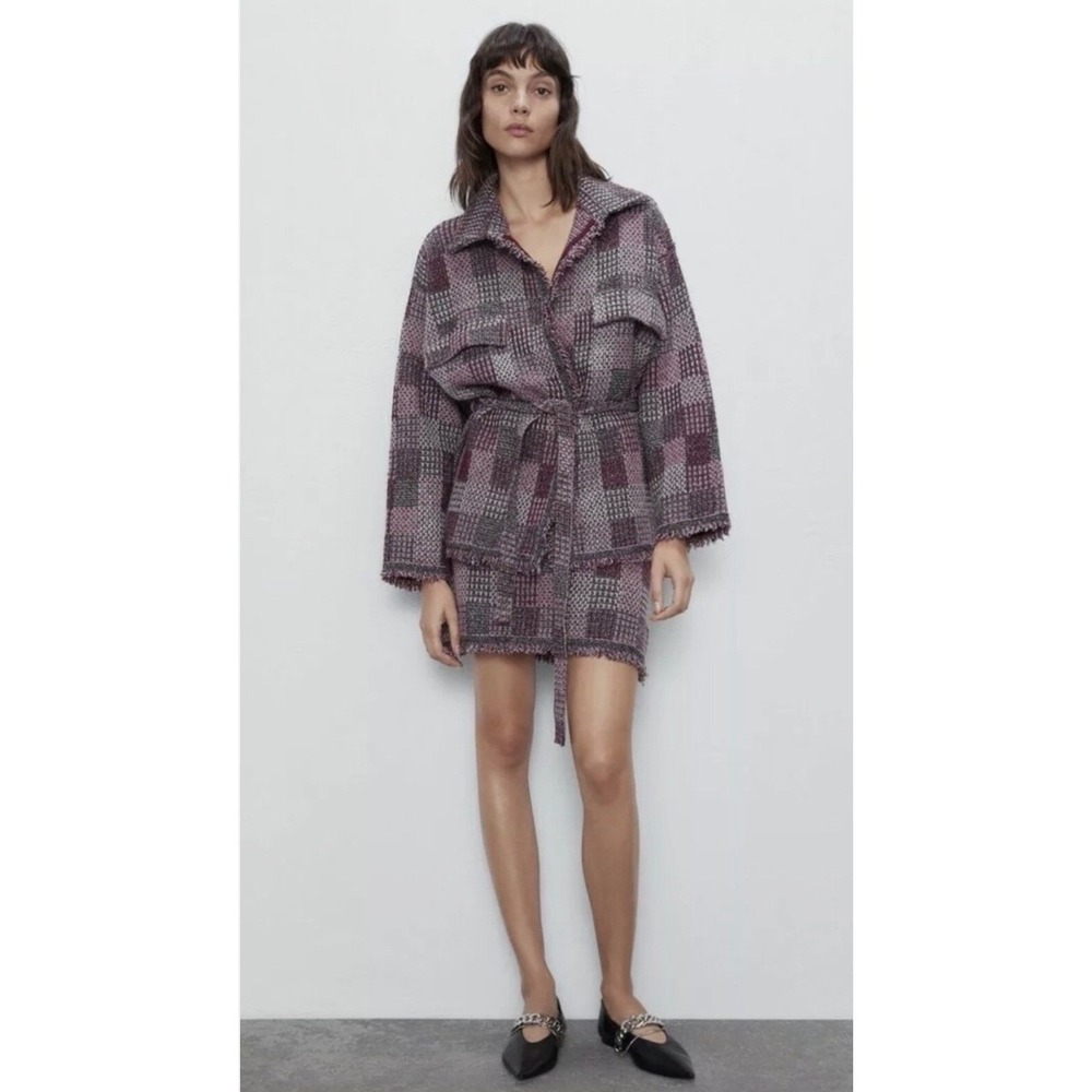 Zara Pink Metallic Tweed Plaid Fringe Belted Shirt Jacket Size M NWT - Picture 5 of 13